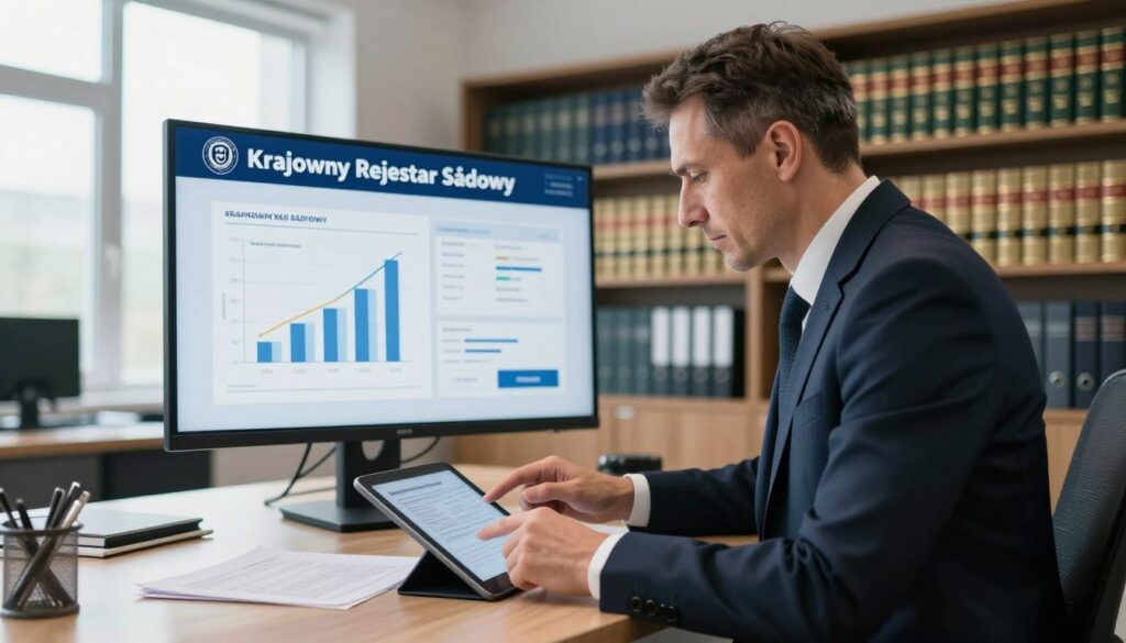 A modern office setting showcasing the concept of the Krajowy Rejestr Sądowy. In the foreground, a well-dressed professional, a middle-aged man in a sleek suit, is focused on analyzing documents on a digital tablet. In the middle ground, a large screen displays graphs and data related to company verification, surrounded by shelves filled with legal books. The background features a stylish office interior with large windows allowing natural light to pour in, creating a bright and professional atmosphere. The focus is on clarity and professionalism, with an ambiance of diligence and trustworthiness, ideal for illustrating the verification of commercial companies within the Krajowy Rejestr Sądowy. The angle is slightly elevated, offering a comprehensive view of the workspace.