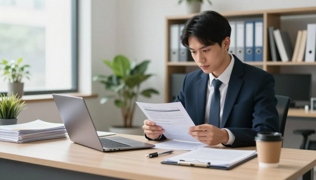 A modern office workspace with a neatly organized desk in the foreground, featuring a laptop open with visible digital documents. Among the supplies are stacks of paper, pens, a clipboard, and a coffee cup, reflecting an atmosphere of productivity. In the middle ground, a young professional in business attire is carefully reviewing application forms, portraying focus and determination. The background should depict a bright, well-lit office environment with large windows allowing natural light to flood in, plants for a touch of greenery, and shelves filled with books and files to emphasize a scholarly vibe. The overall mood is one of diligence and preparation, capturing the essence of compiling necessary documents for academic applications.