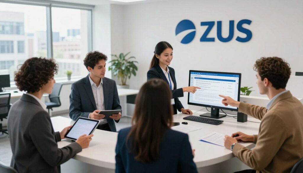 A modern, professional office environment depicting the registration process at ZUS (Social Insurance Institution in Poland). In the foreground, a diverse group of individuals, dressed in business attire, are engaged in conversation while reviewing documents on a digital tablet. In the middle ground, an official at a sleek reception desk is assisting a client, pointing to a computer screen displaying registration forms. The background features a bright, welcoming office space with large windows allowing natural light to stream in, showcasing a view of a bustling cityscape. The atmosphere is focused and optimistic, reflecting the spirit of entrepreneurship. The image is captured with a wide-angle lens to emphasize the collaborative environment.
