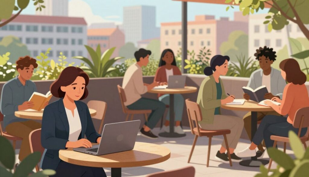 A modern, vibrant illustration of flexible education methods, showcasing a diverse group of adults engaged in various learning activities. In the foreground, a middle-aged woman in professional attire is studying on a laptop at a café table, while a young man in casual business clothes reads a book next to her. In the middle ground, a small group of students participates in a discussion outside, surrounded by greenery, emphasizing a relaxed learning environment. The background portrays a cityscape with buildings that subtly hint at educational institutions. The scene is illuminated by warm, natural lighting, suggesting a late afternoon, creating an inviting and optimistic atmosphere that reflects adaptability in education to suit different lifestyles. The angle is slightly elevated, offering a comprehensive view of the dynamic interactions among learners. A modern, vibrant illustration of flexible education methods, showcasing a diverse group of adults engaged in various learning activities. In the foreground, a middle-aged woman in professional attire is studying on a laptop at a café table, while a young man in casual business clothes reads a book next to her. In the middle ground, a small group of students participates in a discussion outside, surrounded by greenery, emphasizing a relaxed learning environment. The background portrays a cityscape with buildings that subtly hint at educational institutions. The scene is illuminated by warm, natural lighting, suggesting a late afternoon, creating an inviting and optimistic atmosphere that reflects adaptability in education to suit different lifestyles. The angle is slightly elevated, offering a comprehensive view of the dynamic interactions among learners.