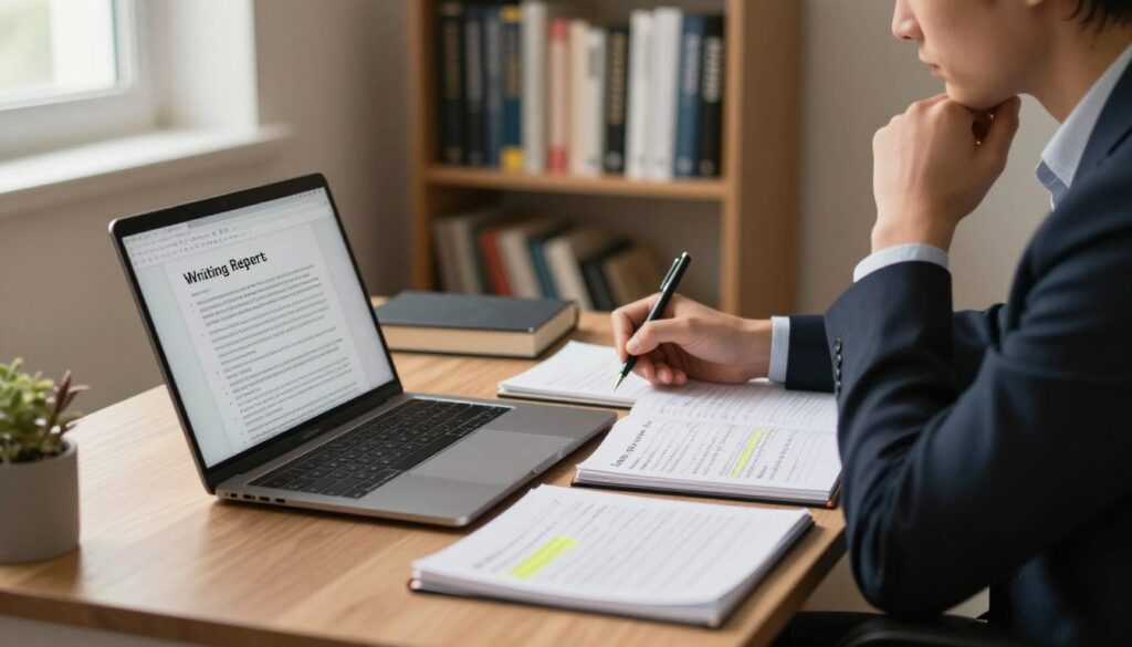 A professional academic setting, featuring a well-organized study desk in the foreground with a laptop displaying a document on writing reports. To the side, an open notebook filled with handwritten notes and highlighted sections. In the middle background, a bookshelf lined with various academic texts and reference materials. A soft, warm light filters through a window, casting gentle shadows, creating a focused and inviting atmosphere. A professional individual in business attire sits at the desk, thoughtfully reviewing materials, embodying a sense of diligence and concentration. The scene is captured at a slight angle, showcasing the desk as the focal point while also highlighting the intellectual environment. The overall mood is serious yet inspiring, encouraging productivity and academic achievement. A professional academic setting, featuring a well-organized study desk in the foreground with a laptop displaying a document on writing reports. To the side, an open notebook filled with handwritten notes and highlighted sections. In the middle background, a bookshelf lined with various academic texts and reference materials. A soft, warm light filters through a window, casting gentle shadows, creating a focused and inviting atmosphere. A professional individual in business attire sits at the desk, thoughtfully reviewing materials, embodying a sense of diligence and concentration. The scene is captured at a slight angle, showcasing the desk as the focal point while also highlighting the intellectual environment. The overall mood is serious yet inspiring, encouraging productivity and academic achievement.
