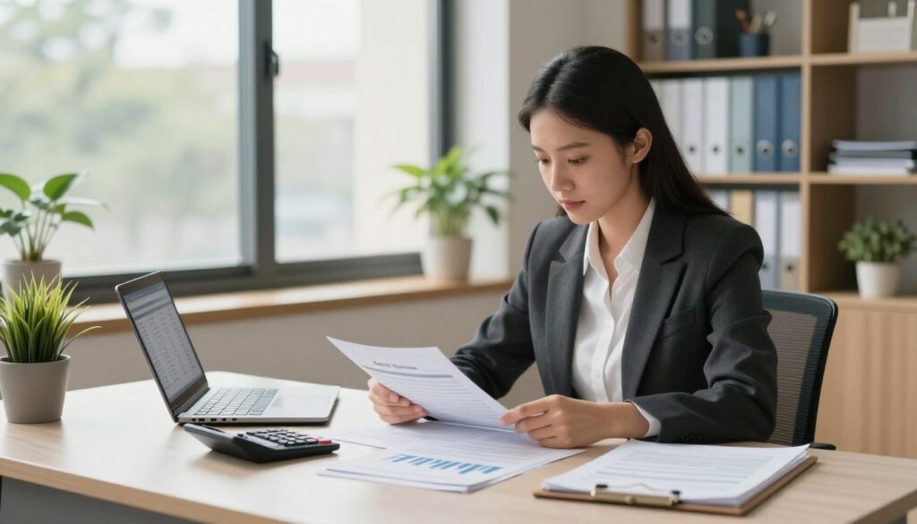 A professional accountant's office setting, featuring a woman in smart casual business attire, sitting at a sleek desk with financial documents, a calculator, and a laptop displaying payroll data. The foreground captures her focused expression as she reviews employee contracts, emphasizing her role in payroll services. In the middle, a large window allows natural light to illuminate the room, creating a productive atmosphere, while potted plants add a touch of greenery. The background includes shelves filled with organized files and stationery, underlining the importance of meticulous organization in payroll management. The scene conveys a sense of diligence and professionalism, with soft, warm lighting to enhance the inviting ambiance of the office environment. A professional accountant's office setting, featuring a woman in smart casual business attire, sitting at a sleek desk with financial documents, a calculator, and a laptop displaying payroll data. The foreground captures her focused expression as she reviews employee contracts, emphasizing her role in payroll services. In the middle, a large window allows natural light to illuminate the room, creating a productive atmosphere, while potted plants add a touch of greenery. The background includes shelves filled with organized files and stationery, underlining the importance of meticulous organization in payroll management. The scene conveys a sense of diligence and professionalism, with soft, warm lighting to enhance the inviting ambiance of the office environment.