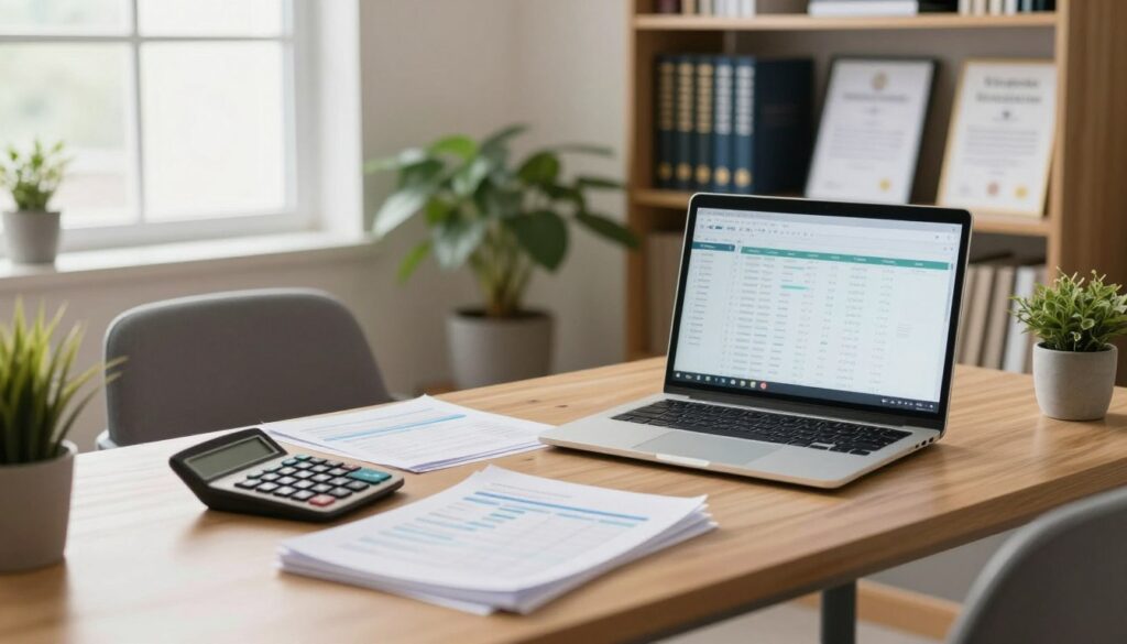 A professional accountant's workspace designed for a sole proprietorship, featuring a well-organized desk with a laptop displaying financial spreadsheets. In the foreground, a calculator and a stack of neatly arranged documents and report papers highlight the meticulous nature of accounting. The middle ground includes a comfortable chair and a potted plant, adding a touch of warmth to the professional environment. In the background, a bookshelf filled with accounting books and certificates displays expertise. Soft, natural lighting streams through a nearby window, creating a calm and focused atmosphere. The scene radiates professionalism and organization, capturing the essence of accounting services for individual business owners. A professional accountant's workspace designed for a sole proprietorship, featuring a well-organized desk with a laptop displaying financial spreadsheets. In the foreground, a calculator and a stack of neatly arranged documents and report papers highlight the meticulous nature of accounting. The middle ground includes a comfortable chair and a potted plant, adding a touch of warmth to the professional environment. In the background, a bookshelf filled with accounting books and certificates displays expertise. Soft, natural lighting streams through a nearby window, creating a calm and focused atmosphere. The scene radiates professionalism and organization, capturing the essence of accounting services for individual business owners.