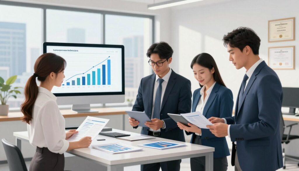 A professional and visually engaging illustration showcasing the key factors influencing salesperson salaries. In the foreground, a diverse group of three sales professionals in smart business attire examines charts and presentations on digital devices. In the middle ground, a well-lit office environment with a modern desk, a large screen displaying bar graphs, and certificates on the walls, emphasizing success and achievement. In the background, large windows reveal a bustling cityscape, symbolizing economic activity and opportunity. The lighting is bright and inviting, suggesting a positive and motivating atmosphere. The composition conveys a sense of professionalism, teamwork, and ambition, ideal for an article about sales compensation dynamics. A professional and visually engaging illustration showcasing the key factors influencing salesperson salaries. In the foreground, a diverse group of three sales professionals in smart business attire examines charts and presentations on digital devices. In the middle ground, a well-lit office environment with a modern desk, a large screen displaying bar graphs, and certificates on the walls, emphasizing success and achievement. In the background, large windows reveal a bustling cityscape, symbolizing economic activity and opportunity. The lighting is bright and inviting, suggesting a positive and motivating atmosphere. The composition conveys a sense of professionalism, teamwork, and ambition, ideal for an article about sales compensation dynamics.