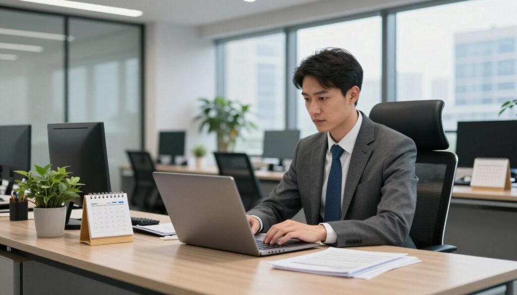A professional bank branch director seated at a modern desk in a sleek, well-lit office environment. The foreground showcases the director in a tailored business suit, focusing intently on a laptop screen with documents scattered around, portraying an air of professionalism and diligence. In the middle, elements like a stylish office chair, a potted plant, and a calendar hint at the organized and focused nature of the workplace. The background features a large window with cityscape views, allowing natural light to filter in, creating an atmosphere of success and ambition. The overall mood is serious yet approachable, emphasizing leadership and responsibility in the banking sector. The scene is captured with a wide-angle lens, highlighting the workspace's depth and modernity.
