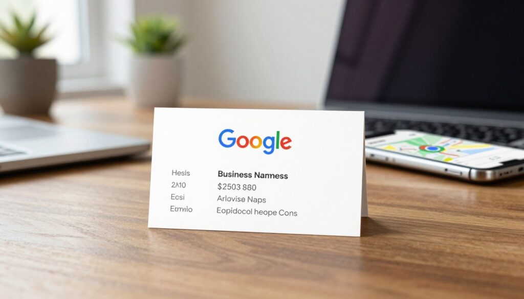 A professional business card design for a Google profile, prominently featuring the Google logo and brand colors (blue, red, yellow, green). The card should display essential contact information, such as a business name, phone number, email, and website in a clear, modern font. Foreground should highlight the card, set on a polished wooden desk, reflecting soft natural light from a nearby window. In the middle ground, subtly include a laptop and a smartphone displaying the Google Maps interface, indicating the online aspect of the business. The background should be softly blurred, suggesting an office environment with potted plants and minimalistic decor. The overall mood should be welcoming and professional, emphasizing the importance of essential contact details in a business profile.