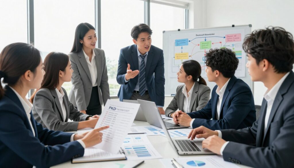 A professional business setting depicting a diverse group of individuals (all in smart business attire) collaborating over a large table filled with documents, laptops, and charts. In the foreground, a focused woman points at a paper listing various PKD activity codes, symbolizing careful selection. In the middle, a man gestures enthusiastically while explaining to colleagues, surrounded by a bright, sunlit office space with large windows. In the background, a whiteboard displays colorful flowcharts and graphs illustrating business models. The atmosphere is energetic and collaborative, with natural lighting highlighting the determination on their faces. The overall mood conveys professionalism, productivity, and clarity in business planning.