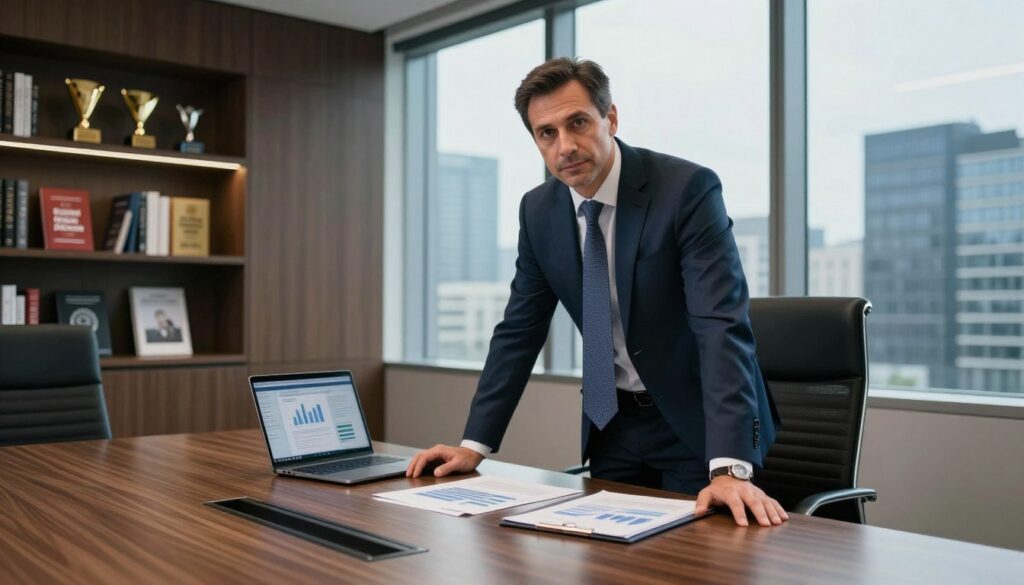 A professional business setting featuring Daniel Obajtek, a middle-aged Caucasian man with short dark hair, dressed in a tailored suit and tie. He stands confidently at a sleek conference table filled with financial documents, charts, and a laptop displaying data. The background showcases a modern office with large windows reflecting the city skyline, bathed in soft natural light. To the left, an elegant bookshelf displays industry awards and books on business management. The atmosphere is focused and serious, conveying themes of success and financial growth. The angle of the shot is slightly from above, conveying authority and trust. A professional business setting featuring Daniel Obajtek, a middle-aged Caucasian man with short dark hair, dressed in a tailored suit and tie. He stands confidently at a sleek conference table filled with financial documents, charts, and a laptop displaying data. The background showcases a modern office with large windows reflecting the city skyline, bathed in soft natural light. To the left, an elegant bookshelf displays industry awards and books on business management. The atmosphere is focused and serious, conveying themes of success and financial growth. The angle of the shot is slightly from above, conveying authority and trust.