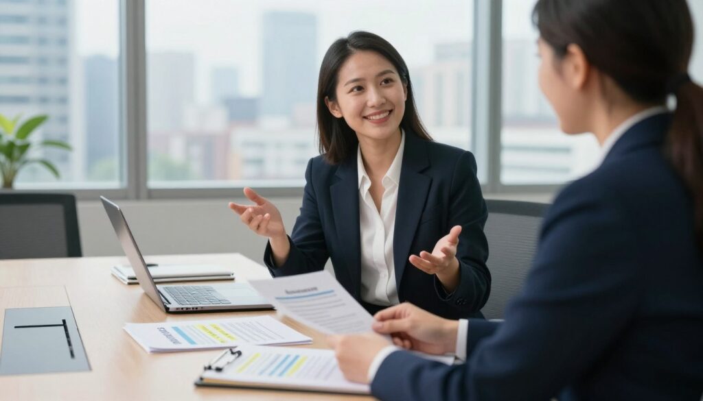 A professional business setting featuring a confident female HR specialist in smart business attire, engaged in a discussion about career advancement and salary negotiation. In the foreground, she stands next to a conference table cluttered with documents related to payroll and personnel management. In the middle ground, a large window reveals a cityscape, symbolizing growth and opportunity, with soft natural light illuminating the scene. On the table are a laptop and a notepad with highlighted notes on skill enhancement. The mood is optimistic and empowering, emphasizing professionalism and ambition. The composition uses a shallow depth of field to focus on the specialist while softly blurring the background. A professional business setting featuring a confident female HR specialist in smart business attire, engaged in a discussion about career advancement and salary negotiation. In the foreground, she stands next to a conference table cluttered with documents related to payroll and personnel management. In the middle ground, a large window reveals a cityscape, symbolizing growth and opportunity, with soft natural light illuminating the scene. On the table are a laptop and a notepad with highlighted notes on skill enhancement. The mood is optimistic and empowering, emphasizing professionalism and ambition. The composition uses a shallow depth of field to focus on the specialist while softly blurring the background.