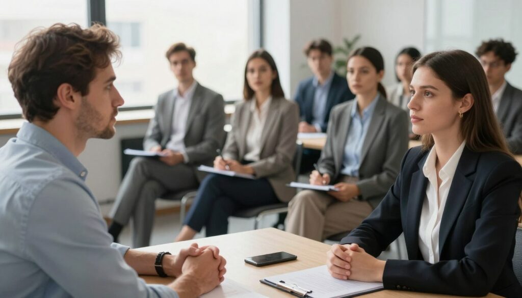 A professional business setting featuring a group of diverse candidates engaged in a job interview for a position at Żabka. In the foreground, two applicants, a man in a smart casual outfit and a woman in a formal business attire, are seated at a table, looking attentive. The middle ground shows a panel of interviewers in business attire, observing and taking notes. In the background, a large window provides natural light, illuminating the office space with a warm glow. The atmosphere is tense yet hopeful, with a modern, clean aesthetic. The scene captures the essence of job requirements, showcasing professionalism and ambition. The image should emphasize clarity and focus, with a slight depth of field to draw attention to the candidates. A professional business setting featuring a group of diverse candidates engaged in a job interview for a position at Żabka. In the foreground, two applicants, a man in a smart casual outfit and a woman in a formal business attire, are seated at a table, looking attentive. The middle ground shows a panel of interviewers in business attire, observing and taking notes. In the background, a large window provides natural light, illuminating the office space with a warm glow. The atmosphere is tense yet hopeful, with a modern, clean aesthetic. The scene captures the essence of job requirements, showcasing professionalism and ambition. The image should emphasize clarity and focus, with a slight depth of field to draw attention to the candidates.