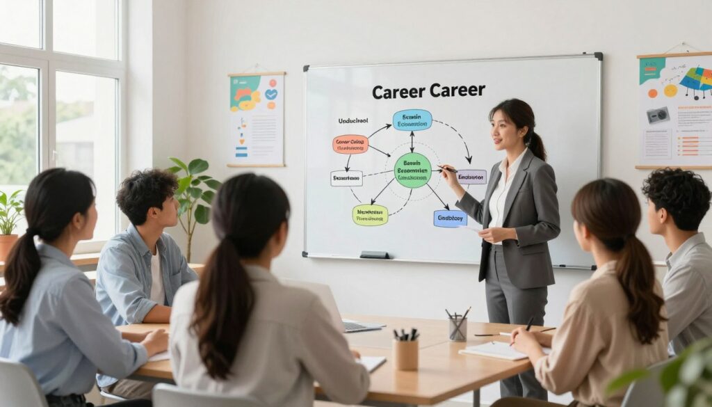 A professional career path illustration for an educator in a well-lit school environment. In the foreground, a female educator in business attire enthusiastically discusses a career advancement chart with a group of diverse teachers in modest clothing, showcasing determination and collaboration. The middle ground features a large, visually engaging career path diagram on a whiteboard, highlighting various levels of educational advancement. The background consists of a bright, modern classroom with educational posters and plants, reflecting a dynamic learning atmosphere. Soft natural light streams through large windows, creating an inviting and inspiring mood. The camera angle captures the interaction and the diagram clearly, focusing on the professionalism and aspirations of the educational team. A professional career path illustration for an educator in a well-lit school environment. In the foreground, a female educator in business attire enthusiastically discusses a career advancement chart with a group of diverse teachers in modest clothing, showcasing determination and collaboration. The middle ground features a large, visually engaging career path diagram on a whiteboard, highlighting various levels of educational advancement. The background consists of a bright, modern classroom with educational posters and plants, reflecting a dynamic learning atmosphere. Soft natural light streams through large windows, creating an inviting and inspiring mood. The camera angle captures the interaction and the diagram clearly, focusing on the professionalism and aspirations of the educational team.