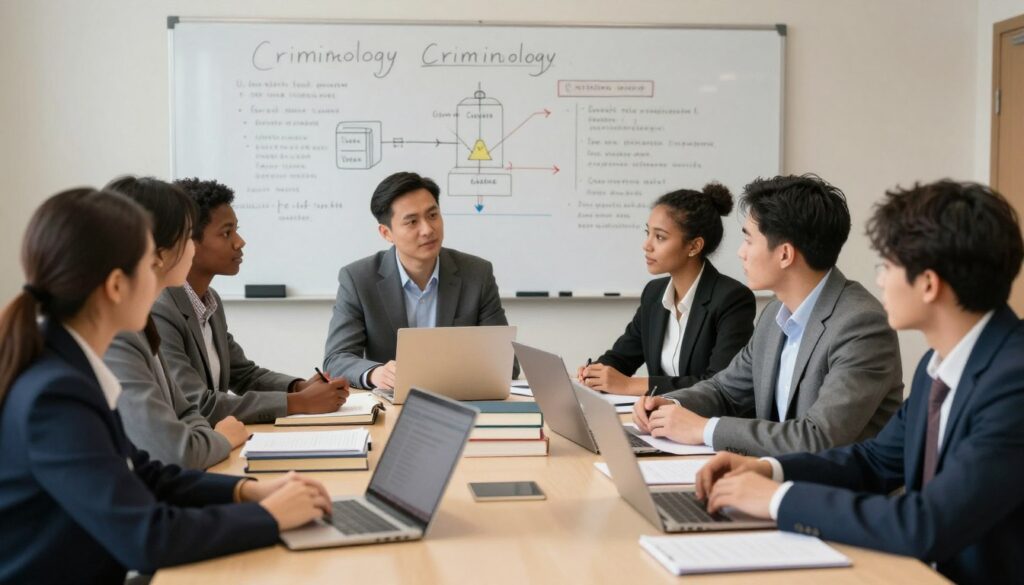 A professional classroom setting dedicated to criminology studies, featuring a diverse group of students engaged in discussion around a large table covered with books, laptops, and study materials. In the background, a whiteboard displays key criminology concepts and diagrams. The students, wearing professional business attire, represent various ethnicities and genders, fostering an inclusive learning environment. Soft lighting illuminates the room, highlighting the seriousness of the subject matter while creating a warm atmosphere. The angle of the shot captures the interaction among students, emphasizing collaboration and focus on learning key subjects of criminology. The mood is scholarly and engaging, inviting viewers to explore the depths of criminology education.