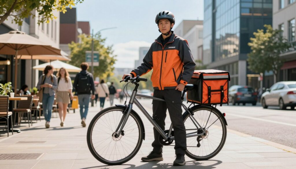 A professional courier standing confidently in a vibrant urban setting, wearing a branded delivery jacket and a helmet, ready for work. In the foreground, showcase a stylish bicycle equipped with delivery bags, highlighting the tools of the trade. The middle ground features a bustling street scene with pedestrians and cafes, capturing the dynamic atmosphere of city life. In the background, include modern buildings under clear blue skies, reflecting the nature of urban delivery work. Utilize warm, natural daylight to create an inviting and energetic mood. The perspective is from a low angle, emphasizing the courier's preparedness and professionalism while ensuring a clean and focused composition without any distractions.