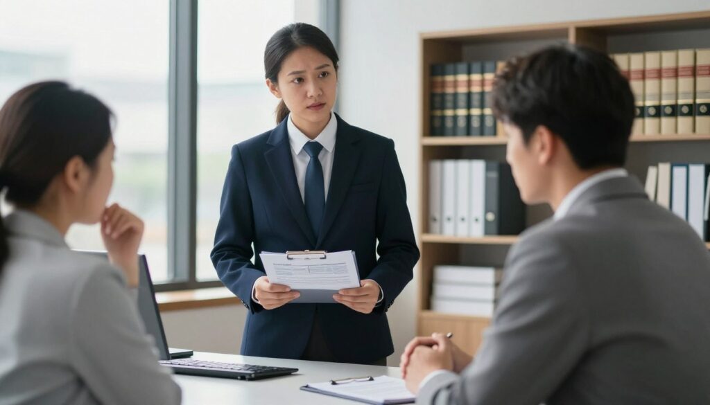 A professional debt collector, standing confidently in a modern office environment, dressed in formal business attire, engaged in a respectful conversation with a concerned individual. The collector has a calm demeanor, holding a folder with financial documents, while the other person listens attentively, showing signs of concern but also determination. The setting includes a sleek desk, a large window with soft natural light cascading in, highlighting the seriousness of the discussion. In the background, shelves filled with books on finance and law create an atmosphere of authority. The overall mood conveys professionalism and trust, emphasizing the ethical boundaries of debt collection. A professional debt collector, standing confidently in a modern office environment, dressed in formal business attire, engaged in a respectful conversation with a concerned individual. The collector has a calm demeanor, holding a folder with financial documents, while the other person listens attentively, showing signs of concern but also determination. The setting includes a sleek desk, a large window with soft natural light cascading in, highlighting the seriousness of the discussion. In the background, shelves filled with books on finance and law create an atmosphere of authority. The overall mood conveys professionalism and trust, emphasizing the ethical boundaries of debt collection.