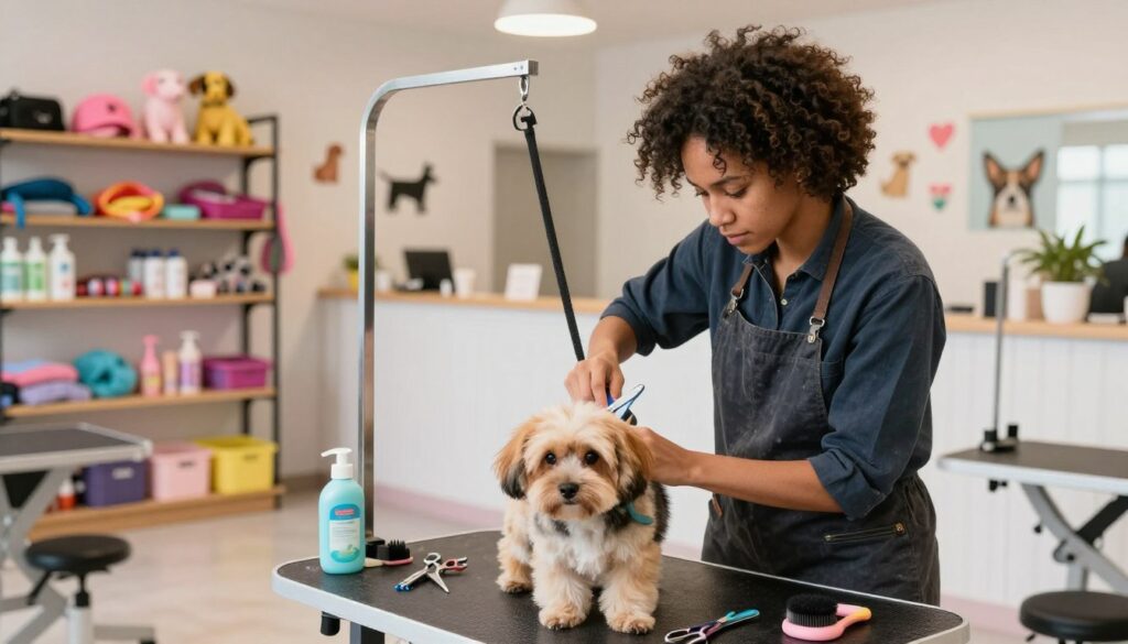 A professional dog groomer working in a cozy, well-lit pet salon. In the foreground, the groomer, a diverse individual wearing smart casual attire, is carefully trimming the fur of a fluffy dog on a grooming table, surrounded by grooming tools like scissors, brushes, and pet shampoos. In the middle ground, there are shelves filled with colorful pet accessories and grooming products. The background features a welcoming reception area with bright, cheerful colors and dog-themed decorations, conveying a friendly atmosphere. Soft natural lighting illuminates the space, enhancing the warmth and inviting mood. The angle captures the groomer's focused expression, showcasing the dedication and challenges faced by beginner groomers in their craft. A professional dog groomer working in a cozy, well-lit pet salon. In the foreground, the groomer, a diverse individual wearing smart casual attire, is carefully trimming the fur of a fluffy dog on a grooming table, surrounded by grooming tools like scissors, brushes, and pet shampoos. In the middle ground, there are shelves filled with colorful pet accessories and grooming products. The background features a welcoming reception area with bright, cheerful colors and dog-themed decorations, conveying a friendly atmosphere. Soft natural lighting illuminates the space, enhancing the warmth and inviting mood. The angle captures the groomer's focused expression, showcasing the dedication and challenges faced by beginner groomers in their craft.
