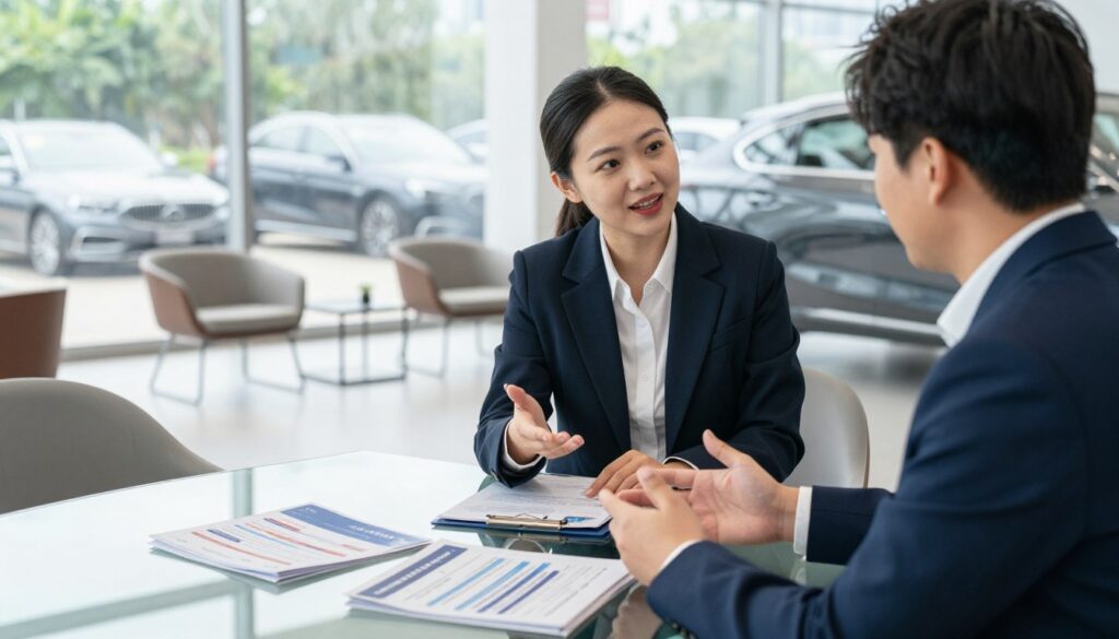 A professional financial consultant, dressed in a smart business suit, is discussing financial product sales with a potential car buyer in a well-lit, modern car dealership office. The foreground features a sleek, glass table with brochures of financial products like loan options and insurance. In the middle ground, a comfortable seating area includes stylish chairs with a backdrop of large windows showcasing luxury cars outside. The atmosphere is engaging and informative, with natural lighting illuminating the faces of the consultant and the client, creating a friendly yet professional vibe. The image captures a moment of interaction that emphasizes the importance of financial product sales in influencing commissions and overall sales success.