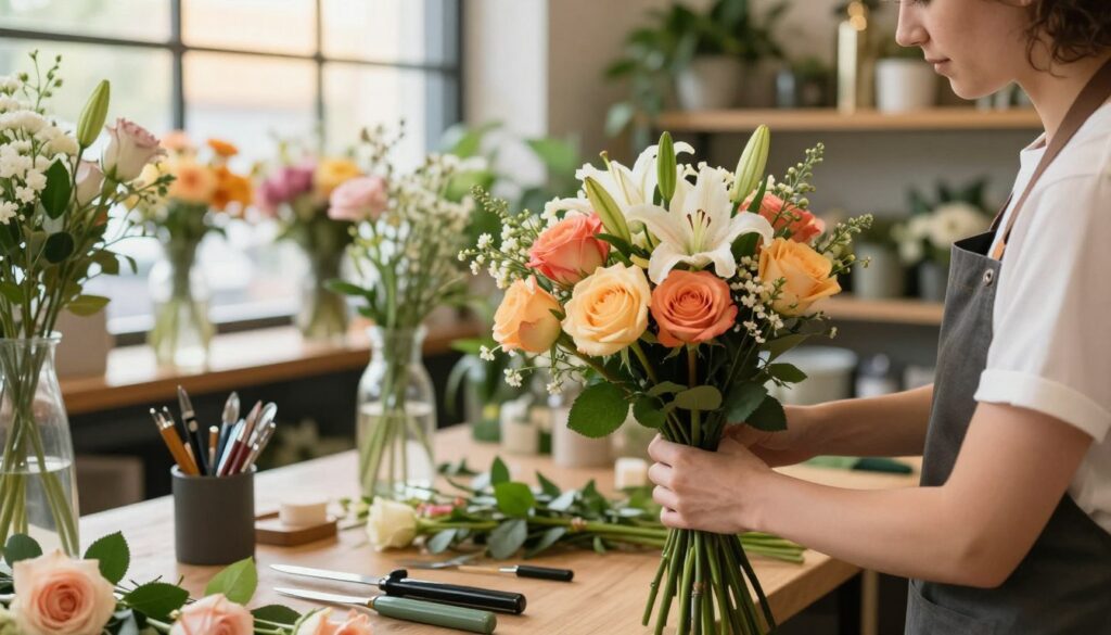 A professional florist working in a bright, inviting floral shop, carefully arranging a stunning bouquet with vibrant flowers like roses and lilies. In the foreground, focus on the florist's hands skillfully tying the bouquet, showcasing intricate floral techniques. In the middle, display a beautifully organized workspace with various floral tools, colorful blooms, and vases scattered around, highlighting the floristry profession. In the background, a large window lets in warm, natural light, illuminating the serene atmosphere of the shop filled with greenery. Capture a sense of creativity and professionalism, emphasizing the factors that influence salary in the floral industry, while maintaining a clean and polished look. A professional florist working in a bright, inviting floral shop, carefully arranging a stunning bouquet with vibrant flowers like roses and lilies. In the foreground, focus on the florist's hands skillfully tying the bouquet, showcasing intricate floral techniques. In the middle, display a beautifully organized workspace with various floral tools, colorful blooms, and vases scattered around, highlighting the floristry profession. In the background, a large window lets in warm, natural light, illuminating the serene atmosphere of the shop filled with greenery. Capture a sense of creativity and professionalism, emphasizing the factors that influence salary in the floral industry, while maintaining a clean and polished look.
