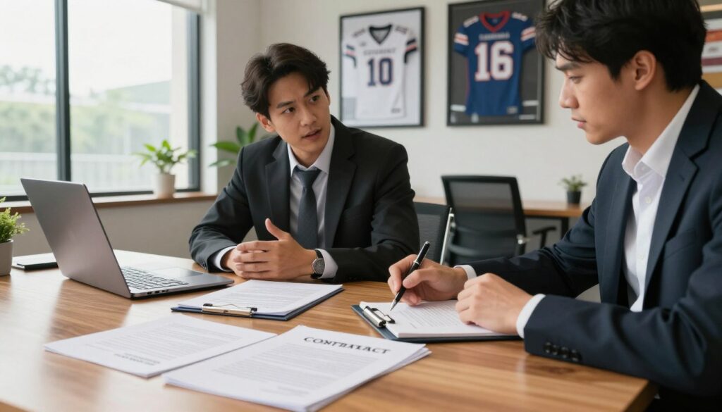 A professional football contract negotiation setting, featuring two individuals in business attire discussing contract terms. In the foreground, a wooden table displays various contract documents, pens, and a laptop. The middle ground shows the individuals deep in discussion, one gesturing towards the documents, while the other takes notes. The background features a modern office with framed football jerseys and motivational sports posters on the walls, symbolizing the connection between sports and contracts. Soft, natural lighting filters through large windows, creating an inviting and focused atmosphere. A sense of professionalism and tension in the air, emphasizing the importance of stability in athletes' employment. A professional football contract negotiation setting, featuring two individuals in business attire discussing contract terms. In the foreground, a wooden table displays various contract documents, pens, and a laptop. The middle ground shows the individuals deep in discussion, one gesturing towards the documents, while the other takes notes. The background features a modern office with framed football jerseys and motivational sports posters on the walls, symbolizing the connection between sports and contracts. Soft, natural lighting filters through large windows, creating an inviting and focused atmosphere. A sense of professionalism and tension in the air, emphasizing the importance of stability in athletes' employment.
