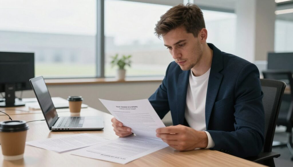 A professional football player sitting at a desk in a modern office, closely examining a contract and financial documents related to a fourth-division football league. The player, dressed in a smart-casual outfit, has a focused expression, conveying determination and professionalism. In the foreground, there are scattered papers detailing salary figures, bonuses, and contract terms. In the middle, the desk is cluttered with a laptop and a coffee cup, suggesting a busy work environment. In the background, large windows let in soft natural light, creating a reassuring and optimistic atmosphere. The scene captures the essence of financial realities in lower-league football, emphasizing the player's contemplative moment amidst the financial data.