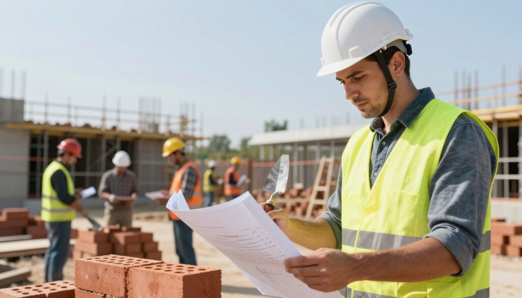 A professional male bricklayer in a hard hat and safety vest thoughtfully examines a blueprint at a construction site. In the foreground, a close-up of his hands holding a trowel and some bricks, emphasizing craftsmanship. In the middle ground, the busy construction site features various workers collaborating, with scaffolding and partially completed buildings. In the background, a clear blue sky adds a sense of openness and possibility. Soft, natural lighting illuminates the scene, creating a warm and industrious atmosphere. The angle of the image is slightly low, capturing the determination and professionalism of the bricklayer while highlighting the teamwork and factors that influence his wages. The overall mood conveys diligence, skill, and the impact of various job conditions.