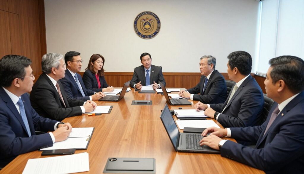 A professional meeting room in a government building, where a group of diverse regional councilors (men and women) are engaged in a discussion about taxation rules and benefits for council members. They are dressed in formal business attire, showcasing professionalism. In the foreground, a large wooden conference table is littered with documents and laptops, emphasizing the importance of the topic. The middle ground features councilors animatedly debating, with expressions of focus and determination. The background reveals a wall adorned with government insignia and a large window allowing natural light to filter in, creating a warm, serious atmosphere. The room is well-lit, captured with a slightly angled perspective to highlight the interaction among the participants.