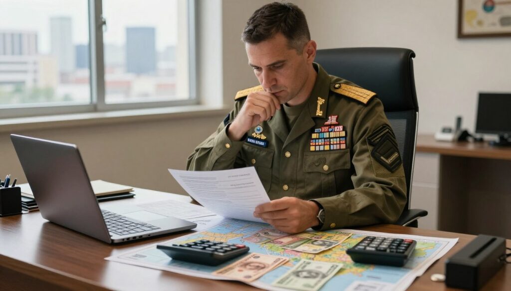 A professional military officer reviewing financial documents at a desk, surrounded by maps and international currency notes, symbolizing foreign earnings and military compensation. In the foreground, a neatly organized desk with a laptop and a calculator, showing precise calculations. The middle layer includes the officer in a sharp military uniform, focused and deep in thought, with a backdrop of a window overlooking a city skyline representing an international mission. Soft, warm lighting highlights the seriousness of the scene, creating a motivational atmosphere. The angle captures the officer’s determination while maintaining a sense of professionalism, emphasizing the importance of financial mechanisms in foreign service.