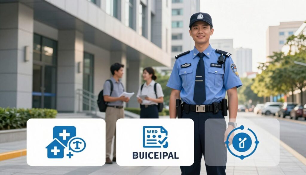 A professional municipal guard standing confidently in front of a modern city building, dressed in a smart uniform. In the foreground, a pair of well-organized, illustrative benefit icons displays items like health insurance, a retirement plan, and a work-life balance symbol. The middle ground shows the guard engaging in a conversation with a community member, showcasing friendly interaction and approachability. The background features a cityscape bathed in warm daylight, with trees lining the street, hinting at community well-being and stability. Soft natural lighting highlights the professionalism of the guard and the welcoming environment. The mood is optimistic and secure, emphasizing the strengths of non-monetary benefits for municipal workers.