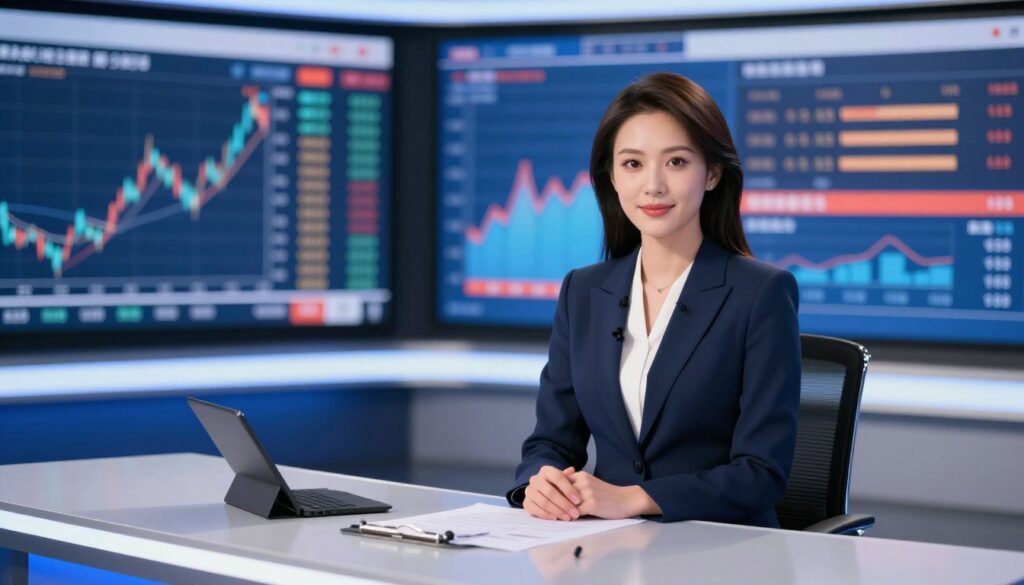 A professional news studio setting with a focus on a female journalist seated at a sleek, modern news desk. She is dressed in a tailored, professional business outfit, exuding confidence and poise. The background features large screens displaying news graphics and charts related to financial topics, subtly hinting at earnings. The lighting is bright and engaging, with soft focus on the foreground to emphasize the journalist. Captured from a slightly elevated angle to showcase the studio environment, the mood conveys professionalism and expertise. The overall atmosphere is energetic and informative, reflecting a dynamic newsroom vibe, without any text or overlays. A professional news studio setting with a focus on a female journalist seated at a sleek, modern news desk. She is dressed in a tailored, professional business outfit, exuding confidence and poise. The background features large screens displaying news graphics and charts related to financial topics, subtly hinting at earnings. The lighting is bright and engaging, with soft focus on the foreground to emphasize the journalist. Captured from a slightly elevated angle to showcase the studio environment, the mood conveys professionalism and expertise. The overall atmosphere is energetic and informative, reflecting a dynamic newsroom vibe, without any text or overlays.