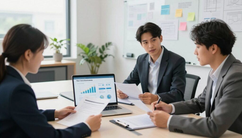 A professional office environment depicting a discussion about funding for part-time studies. In the foreground, a diverse group of three individuals, dressed in professional business attire, are seated around a modern conference table, reviewing documents related to educational funding options. The middle layer features a laptop open with graphs and statistics on screen, showcasing funding programs and employer contributions. The background reveals a well-lit office wall with a whiteboard covered in notes and ideas, plants in the corners adding a touch of greenery. The lighting is bright and welcoming, with natural light filtering through large windows, creating an optimistic and supportive atmosphere. The angle is slightly elevated, giving a clear view of the participants' engaged expressions. A professional office environment depicting a discussion about funding for part-time studies. In the foreground, a diverse group of three individuals, dressed in professional business attire, are seated around a modern conference table, reviewing documents related to educational funding options. The middle layer features a laptop open with graphs and statistics on screen, showcasing funding programs and employer contributions. The background reveals a well-lit office wall with a whiteboard covered in notes and ideas, plants in the corners adding a touch of greenery. The lighting is bright and welcoming, with natural light filtering through large windows, creating an optimistic and supportive atmosphere. The angle is slightly elevated, giving a clear view of the participants' engaged expressions.