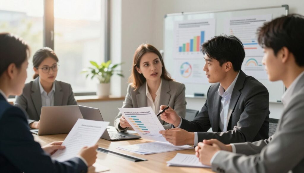 A professional office environment showcasing a diverse group of individuals engaged in a conversation around a conference table. In the foreground, a Caucasian woman and an Asian man, both in smart business attire, are animatedly discussing with documents and a laptop open before them. In the middle, a detailed infographic displaying language proficiency levels and their impact on salary is partially visible, emphasizing the importance of language skills. In the background, a whiteboard filled with graphs and charts highlights education and qualifications. Soft, natural sunlight filters through large windows, creating a warm and inviting atmosphere. The overall mood is focused and professional, reflecting the significance of language skills in career advancement. A professional office environment showcasing a diverse group of individuals engaged in a conversation around a conference table. In the foreground, a Caucasian woman and an Asian man, both in smart business attire, are animatedly discussing with documents and a laptop open before them. In the middle, a detailed infographic displaying language proficiency levels and their impact on salary is partially visible, emphasizing the importance of language skills. In the background, a whiteboard filled with graphs and charts highlights education and qualifications. Soft, natural sunlight filters through large windows, creating a warm and inviting atmosphere. The overall mood is focused and professional, reflecting the significance of language skills in career advancement.