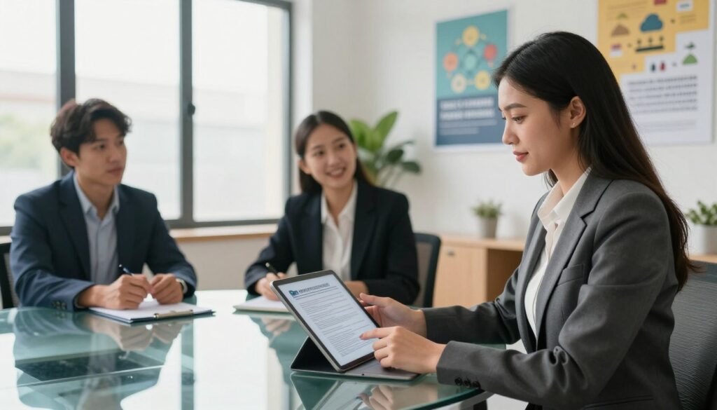 A professional office environment showcasing diverse individuals engaged in a recruitment and career advancement discussion. In the foreground, a confident female recruiter, dressed in a tailored suit, is reviewing applications on a tablet while seated at a modern glass table. In the middle, two job candidates, a man and a woman, are actively engaging in an interview, showcasing expressions of determination and optimism. The background features large windows with soft natural light streaming in, a plant in the corner, and motivational posters on the walls that symbolize growth and opportunity. The overall mood is positive and inspiring, capturing a sense of professionalism and ambition. A professional office environment showcasing diverse individuals engaged in a recruitment and career advancement discussion. In the foreground, a confident female recruiter, dressed in a tailored suit, is reviewing applications on a tablet while seated at a modern glass table. In the middle, two job candidates, a man and a woman, are actively engaging in an interview, showcasing expressions of determination and optimism. The background features large windows with soft natural light streaming in, a plant in the corner, and motivational posters on the walls that symbolize growth and opportunity. The overall mood is positive and inspiring, capturing a sense of professionalism and ambition.