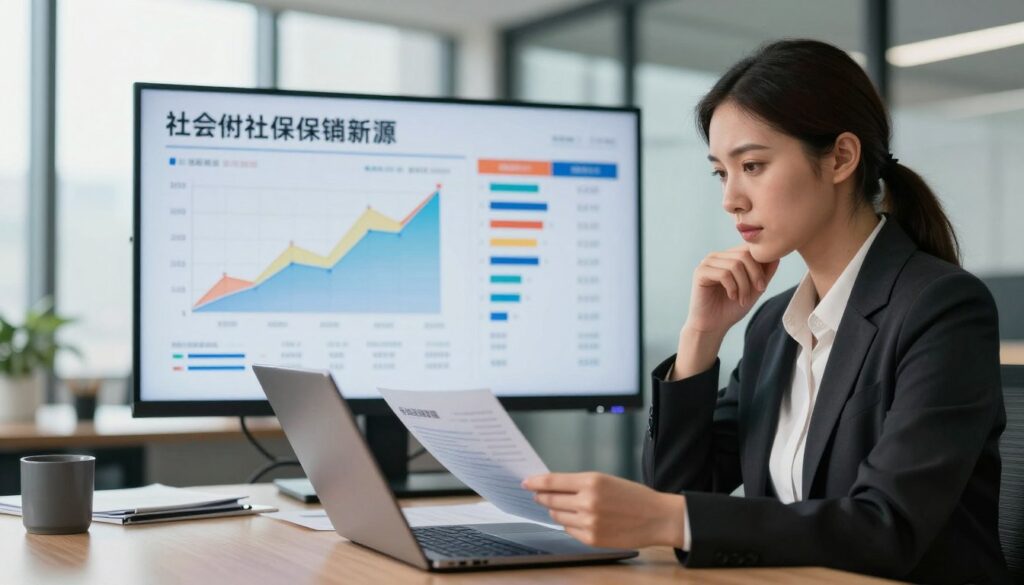 A professional office environment showcasing social security contributions for the current year. In the foreground, a focused businesswoman in formal attire analyzes financial reports on a sleek laptop, her expression serious and contemplative. In the middle ground, a large digital display shows colorful graphs and numerical data related to social security contributions, illustrating trends and amounts. The background features a modern office space with large windows letting in soft natural light, casting a warm glow on the scene. The atmosphere conveys a sense of professionalism and diligence, emphasizing the importance of understanding financial responsibilities. The image should be clear and well-composed, with a balanced focus on the subject and the data being presented. A professional office environment showcasing social security contributions for the current year. In the foreground, a focused businesswoman in formal attire analyzes financial reports on a sleek laptop, her expression serious and contemplative. In the middle ground, a large digital display shows colorful graphs and numerical data related to social security contributions, illustrating trends and amounts. The background features a modern office space with large windows letting in soft natural light, casting a warm glow on the scene. The atmosphere conveys a sense of professionalism and diligence, emphasizing the importance of understanding financial responsibilities. The image should be clear and well-composed, with a balanced focus on the subject and the data being presented.