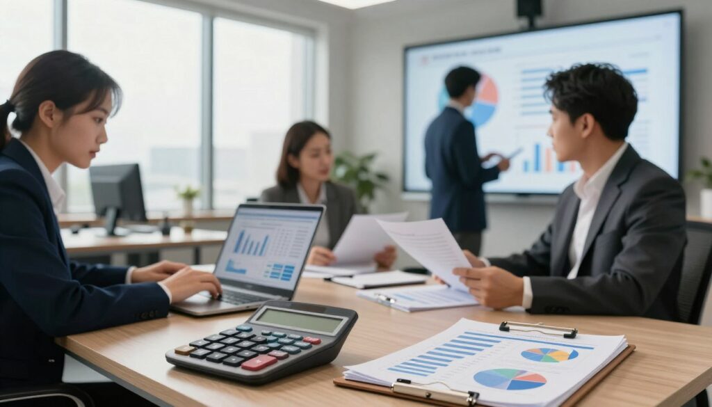 A professional office environment showcasing various factors influencing salary levels for a cashier. In the foreground, a calculator and a notepad filled with charts illustrating wage comparisons. In the middle, a diverse group of three individuals dressed in business attire—one analyzing data on a laptop, another discussing over papers, and the third looking at a projection screen displaying pie charts and graphs concerning salary components. In the background, a modern office space with subtle light filtering through large windows, casting a soft glow, enhancing the atmosphere of focus and collaboration. The scene should evoke a sense of professionalism and analytical thinking. A professional office environment showcasing various factors influencing salary levels for a cashier. In the foreground, a calculator and a notepad filled with charts illustrating wage comparisons. In the middle, a diverse group of three individuals dressed in business attire—one analyzing data on a laptop, another discussing over papers, and the third looking at a projection screen displaying pie charts and graphs concerning salary components. In the background, a modern office space with subtle light filtering through large windows, casting a soft glow, enhancing the atmosphere of focus and collaboration. The scene should evoke a sense of professionalism and analytical thinking.