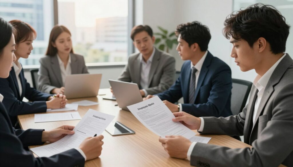 A professional office setting depicting a group of diverse employees, including men and women in business attire, engaged in a discussion around a conference table. In the foreground, a concerned employee is reviewing documents that symbolize employee claims, such as contracts and pay stubs. The middle ground features a well-organized office, with a large window letting in soft, natural light, casting a warm glow on the scene. In the background, a modern cityscape is visible, representing the larger corporate world. The mood conveys a sense of urgency and importance, reflecting the focus on prioritizing employee rights during a company's bankruptcy. The composition should be shot from a slightly elevated angle, emphasizing the table and the engaged participants, with a balance of warm and professional lighting throughout. A professional office setting depicting a group of diverse employees, including men and women in business attire, engaged in a discussion around a conference table. In the foreground, a concerned employee is reviewing documents that symbolize employee claims, such as contracts and pay stubs. The middle ground features a well-organized office, with a large window letting in soft, natural light, casting a warm glow on the scene. In the background, a modern cityscape is visible, representing the larger corporate world. The mood conveys a sense of urgency and importance, reflecting the focus on prioritizing employee rights during a company's bankruptcy. The composition should be shot from a slightly elevated angle, emphasizing the table and the engaged participants, with a balance of warm and professional lighting throughout.