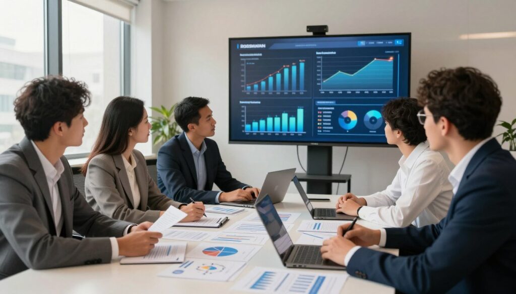 A professional office setting illustrating a financial performance review. In the foreground, a diverse group of employees in business attire collaborates around a large table filled with documents and charts, discussing bonus structures and performance metrics. In the middle background, a digital screen displays graphs and key performance indicators (KPIs) in a sleek, modern design. The atmosphere is focused and productive, enhanced by warm, natural lighting filtering through large windows, creating a welcoming ambiance. The scene captures an engaging work environment that emphasizes teamwork and professionalism, showcasing the essence of a bonus system within a company like Rossmann. The viewpoint is slightly angled to highlight both the employees' expressions and the digital screen's visuals. A professional office setting illustrating a financial performance review. In the foreground, a diverse group of employees in business attire collaborates around a large table filled with documents and charts, discussing bonus structures and performance metrics. In the middle background, a digital screen displays graphs and key performance indicators (KPIs) in a sleek, modern design. The atmosphere is focused and productive, enhanced by warm, natural lighting filtering through large windows, creating a welcoming ambiance. The scene captures an engaging work environment that emphasizes teamwork and professionalism, showcasing the essence of a bonus system within a company like Rossmann. The viewpoint is slightly angled to highlight both the employees' expressions and the digital screen's visuals.