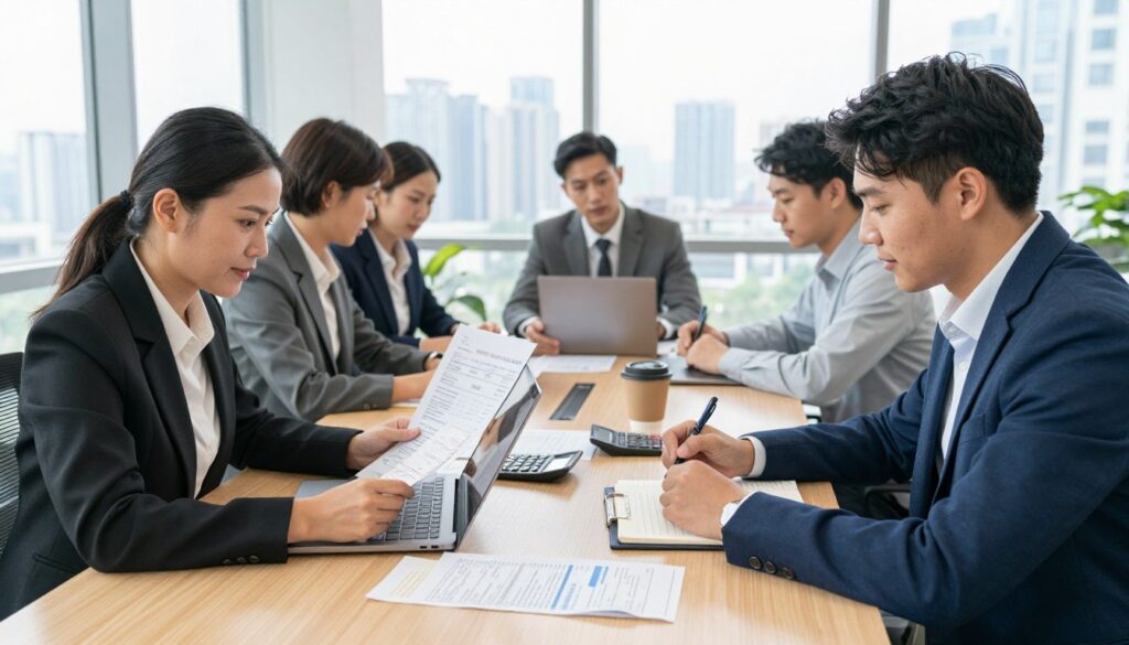 A professional office setting showcasing a diverse group of business individuals engaged in a discussion about legitimate business expenses. In the foreground, a middle-aged woman in business attire reviews financial documents on a laptop, while a young man in smart casual clothing takes notes. In the middle, a conference table is filled with receipts, a calculator, and a coffee cup, symbolizing financial planning. The background features large windows with a city skyline view, allowing natural light to illuminate the scene. The mood is focused and collaborative, reflecting the seriousness of managing business finances. The image is captured using a wide-angle lens, emphasizing the open space and inclusivity of ideas being shared. No text, logos, or watermarks. A professional office setting showcasing a diverse group of business individuals engaged in a discussion about legitimate business expenses. In the foreground, a middle-aged woman in business attire reviews financial documents on a laptop, while a young man in smart casual clothing takes notes. In the middle, a conference table is filled with receipts, a calculator, and a coffee cup, symbolizing financial planning. The background features large windows with a city skyline view, allowing natural light to illuminate the scene. The mood is focused and collaborative, reflecting the seriousness of managing business finances. The image is captured using a wide-angle lens, emphasizing the open space and inclusivity of ideas being shared. No text, logos, or watermarks.