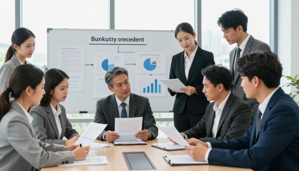 A professional office setting showcasing the process of bankruptcy proceedings. In the foreground, a diverse group of business professionals, dressed in formal business attire, are gathered around a conference table, reviewing documents and discussing their claims. The middle ground features a large whiteboard filled with charts and notes illustrating the bankruptcy process. The background shows tall office windows letting in natural light, creating a bright and focused atmosphere. The scene has a serious yet hopeful mood, reflecting the importance of understanding employee rights in bankruptcy situations. The lighting is bright and even, emphasizing clarity and professionalism, while the angle captures a slightly elevated perspective, providing a comprehensive view of the entire scene. A professional office setting showcasing the process of bankruptcy proceedings. In the foreground, a diverse group of business professionals, dressed in formal business attire, are gathered around a conference table, reviewing documents and discussing their claims. The middle ground features a large whiteboard filled with charts and notes illustrating the bankruptcy process. The background shows tall office windows letting in natural light, creating a bright and focused atmosphere. The scene has a serious yet hopeful mood, reflecting the importance of understanding employee rights in bankruptcy situations. The lighting is bright and even, emphasizing clarity and professionalism, while the angle captures a slightly elevated perspective, providing a comprehensive view of the entire scene.