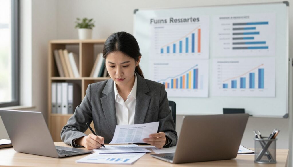 A professional office space focused on human resources and payroll responsibilities. In the foreground, a well-dressed HR specialist, a woman in a tailored blazer, is seated at a desk with financial documents and a laptop, analyzing payroll reports. In the middle ground, to her right, a large whiteboard displays graphs and charts illustrating salary trends and shifting responsibilities. In the background, shelves filled with HR books and a window letting in natural light create a bright, welcoming atmosphere. The lighting is warm and professional, suggesting a productive work environment. The overall mood is one of focus and responsibility, embodying the seriousness of financial oversight in HR roles. A professional office space focused on human resources and payroll responsibilities. In the foreground, a well-dressed HR specialist, a woman in a tailored blazer, is seated at a desk with financial documents and a laptop, analyzing payroll reports. In the middle ground, to her right, a large whiteboard displays graphs and charts illustrating salary trends and shifting responsibilities. In the background, shelves filled with HR books and a window letting in natural light create a bright, welcoming atmosphere. The lighting is warm and professional, suggesting a productive work environment. The overall mood is one of focus and responsibility, embodying the seriousness of financial oversight in HR roles.