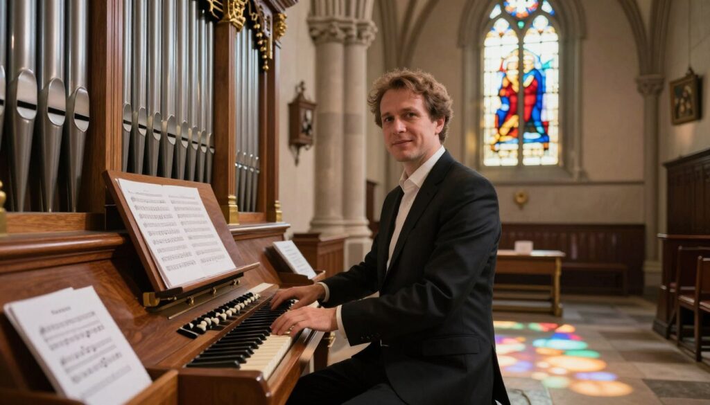 A professional organist in a modest, professional outfit stands confidently at an ornate church organ, fingers poised over the keys. The foreground showcases the organ’s intricate pipes, reflecting polished wood and brass accents. In the middle ground, a light stream filters through stained glass windows, casting colorful patterns on the stone floor, creating a serene atmosphere. Various visual indicators of income factors surround the organist: symbols of weddings, music sheets, and donation boxes in soft focus, representing services that influence their salary. The background features a beautifully arched church interior, bathed in soft, warm lighting, enhancing the mood of reverence and devotion. The overall atmosphere combines professionalism with a sense of sacred tradition, ideal for illustrating factors affecting an organist's earnings.
