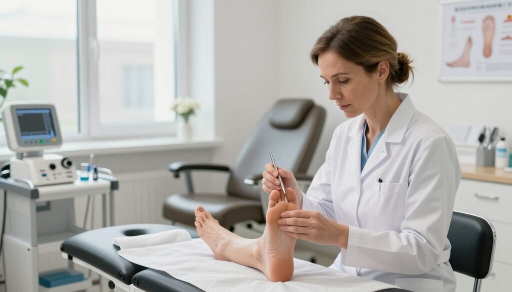 A professional podiatrist examining a foot in a modern clinic. In the foreground, a focused podologist in a white lab coat provides care with precision tools. The middle ground features an inviting treatment environment, with a well-organized workspace including medical equipment, charts related to foot health, and a comfortable treatment chair. In the background, soft natural light filters through large windows, creating a warm and welcoming atmosphere. The podiatrist is a middle-aged Polish woman, showcasing concentration and expertise. The mood is calm and professional, emphasizing the importance of foot health in a contemporary clinical setting. The image should reflect professionalism and care, suitable for an article discussing income and working conditions of podiatrists in Poland. A professional podiatrist examining a foot in a modern clinic. In the foreground, a focused podologist in a white lab coat provides care with precision tools. The middle ground features an inviting treatment environment, with a well-organized workspace including medical equipment, charts related to foot health, and a comfortable treatment chair. In the background, soft natural light filters through large windows, creating a warm and welcoming atmosphere. The podiatrist is a middle-aged Polish woman, showcasing concentration and expertise. The mood is calm and professional, emphasizing the importance of foot health in a contemporary clinical setting. The image should reflect professionalism and care, suitable for an article discussing income and working conditions of podiatrists in Poland.