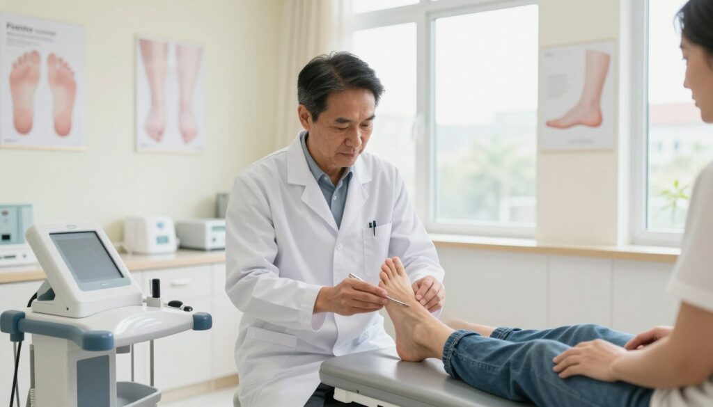 A professional podiatrist in a modern, well-lit clinic, examining a patient's foot with a focus on their professionalism and care. The podiatrist, a middle-aged individual in a smart white lab coat, stands to the left, attentively observing the patient's foot while using specialized tools. In the foreground, a sleek medical workstation is visible, showcasing foot care equipment. In the background, bright natural light streams through large windows, illuminating the clean, pastel-colored walls adorned with foot health posters. The atmosphere is calm and inviting, conveying a sense of trust and expertise. The overall composition should be shot from a slightly elevated angle, highlighting both the procedural details and the personal connection between the podiatrist and the patient. A professional podiatrist in a modern, well-lit clinic, examining a patient's foot with a focus on their professionalism and care. The podiatrist, a middle-aged individual in a smart white lab coat, stands to the left, attentively observing the patient's foot while using specialized tools. In the foreground, a sleek medical workstation is visible, showcasing foot care equipment. In the background, bright natural light streams through large windows, illuminating the clean, pastel-colored walls adorned with foot health posters. The atmosphere is calm and inviting, conveying a sense of trust and expertise. The overall composition should be shot from a slightly elevated angle, highlighting both the procedural details and the personal connection between the podiatrist and the patient.