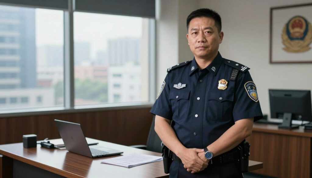 A professional police commander stands confidently in an office setting, wearing a crisp, tailored police uniform with insignia that indicates rank. In the foreground, the commander has a serious yet approachable expression, hands crossed in front, symbolizing authority and leadership. The middle ground features a polished wooden desk with official documents and a partially open laptop, emphasizing the administrative aspect of the role. The background reveals a large window with cityscape views, capturing the essence of law enforcement in an urban environment. Natural light streams in, casting soft shadows that create a professional atmosphere. The colors are predominantly blue and dark gray, adding to the serious tone of the image.