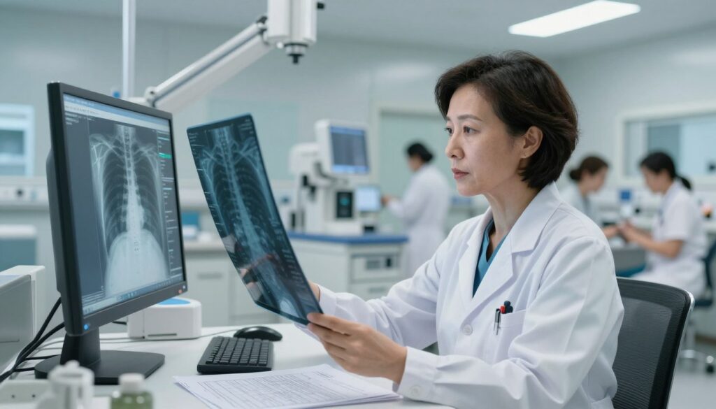 A professional radiologist in a modern hospital setting, analyzing a patient’s X-ray on a digital screen. In the foreground, focus on the radiologist, a middle-aged Asian woman in a lab coat, with a thoughtful expression. She is surrounded by charts and data on a desk, symbolizing various factors affecting salary like experience, location, and specialization. In the middle ground, a sleek hospital environment with high-tech equipment and bright lighting creates a sense of professionalism. In the background, blurred figures of other medical staff and patients could subtly imply collaboration in the healthcare setting. The overall mood is serious and focused, conveying the vital role of radiologists in the medical field. A professional radiologist in a modern hospital setting, analyzing a patient’s X-ray on a digital screen. In the foreground, focus on the radiologist, a middle-aged Asian woman in a lab coat, with a thoughtful expression. She is surrounded by charts and data on a desk, symbolizing various factors affecting salary like experience, location, and specialization. In the middle ground, a sleek hospital environment with high-tech equipment and bright lighting creates a sense of professionalism. In the background, blurred figures of other medical staff and patients could subtly imply collaboration in the healthcare setting. The overall mood is serious and focused, conveying the vital role of radiologists in the medical field.