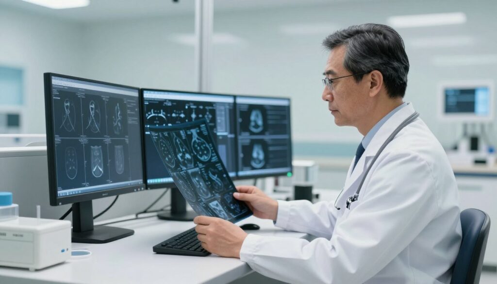 A professional radiologist in a modern hospital setting, focused intently on reviewing medical images on a digital screen. The foreground features the doctor—a middle-aged, male radiologist dressed in a white lab coat, with a stethoscope around his neck, examining X-rays and MRIs. The middle ground shows a sleek, well-lit workstation filled with advanced imaging equipment and multiple monitors displaying various scans. The background reveals a bright, sterile hospital environment with soft lighting, emphasizing cleanliness and professionalism. The atmosphere is calm and focused, illustrating the expertise and dedication of a radiologist. The shot is taken at a slight angle to capture both the radiologist's expression and the intricate details of the technology in use. A professional radiologist in a modern hospital setting, focused intently on reviewing medical images on a digital screen. The foreground features the doctor—a middle-aged, male radiologist dressed in a white lab coat, with a stethoscope around his neck, examining X-rays and MRIs. The middle ground shows a sleek, well-lit workstation filled with advanced imaging equipment and multiple monitors displaying various scans. The background reveals a bright, sterile hospital environment with soft lighting, emphasizing cleanliness and professionalism. The atmosphere is calm and focused, illustrating the expertise and dedication of a radiologist. The shot is taken at a slight angle to capture both the radiologist's expression and the intricate details of the technology in use.