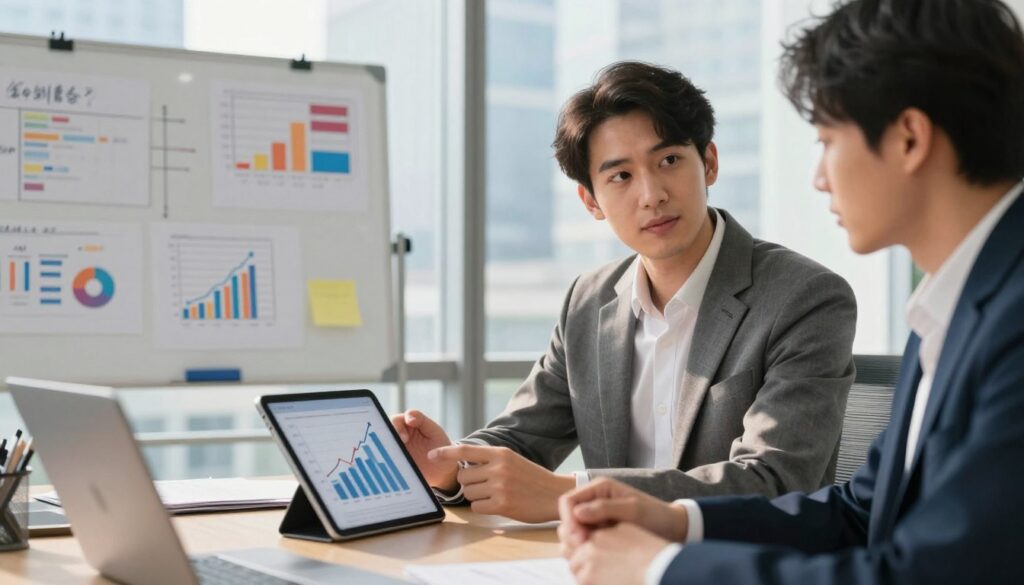 A professional salesperson engaged in a strategic discussion about increasing income, positioned at a sleek modern workspace. In the foreground, a confident individual in professional business attire is analyzing graphs on a tablet, depicting sales performance and growth trends. Behind them, a whiteboard is filled with colorful diagrams and strategies for boosting sales, while a window shows a bustling cityscape in the background, symbolizing opportunity. Natural light from the window casts a warm glow, enhancing the atmosphere of motivation and ambition. The focus is sharp, capturing the determination on the salesperson's face, with a slight blur on the background to emphasize the subject's concentration and the dynamic environment around them. A professional salesperson engaged in a strategic discussion about increasing income, positioned at a sleek modern workspace. In the foreground, a confident individual in professional business attire is analyzing graphs on a tablet, depicting sales performance and growth trends. Behind them, a whiteboard is filled with colorful diagrams and strategies for boosting sales, while a window shows a bustling cityscape in the background, symbolizing opportunity. Natural light from the window casts a warm glow, enhancing the atmosphere of motivation and ambition. The focus is sharp, capturing the determination on the salesperson's face, with a slight blur on the background to emphasize the subject's concentration and the dynamic environment around them.
