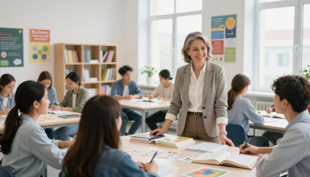 A professional school educator stands in a bright, modern classroom, dressed in modest business attire. The foreground captures the educator, a middle-aged individual with a warm smile, engaged in conversation with students around a large table strewn with books and educational materials. In the middle ground, diverse students of various ages, immersed in discussion and collaboration, are visible. The background features shelves filled with educational resources, motivational posters on the walls, and a large window letting in soft natural light, creating an inviting atmosphere. The image conveys a sense of professionalism, engagement, and a positive learning environment, reflecting the important role of educators in Polish educational institutions. Use a bright color palette with soft lighting for an uplifting mood.