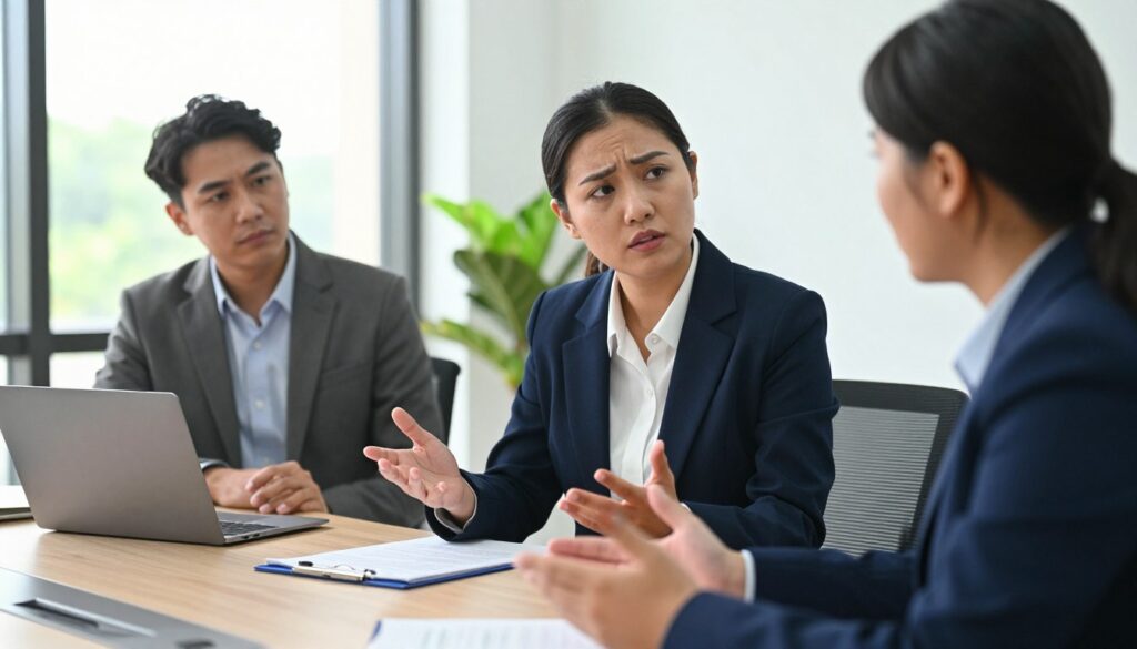 A professional setting depicting assertive communication with a debt collector. In the foreground, a confident individual in smart business attire, firmly but calmly expressing their concerns, with a focused expression. Opposite them, a debt collector, portrayed in professional clothing, listening attentively, showing a hint of understanding. In the middle ground, a conference table with legal documents and a laptop, symbolizing negotiation and awareness of rights. The background features a well-lit office environment, with large windows allowing natural light to flow in, creating an atmosphere of openness and clarity. The color palette should include calming blues and greens, enhancing the feeling of professionalism and control in the conversation. The composition is shot from a slightly elevated angle to capture both participants' expressions. A professional setting depicting assertive communication with a debt collector. In the foreground, a confident individual in smart business attire, firmly but calmly expressing their concerns, with a focused expression. Opposite them, a debt collector, portrayed in professional clothing, listening attentively, showing a hint of understanding. In the middle ground, a conference table with legal documents and a laptop, symbolizing negotiation and awareness of rights. The background features a well-lit office environment, with large windows allowing natural light to flow in, creating an atmosphere of openness and clarity. The color palette should include calming blues and greens, enhancing the feeling of professionalism and control in the conversation. The composition is shot from a slightly elevated angle to capture both participants' expressions.