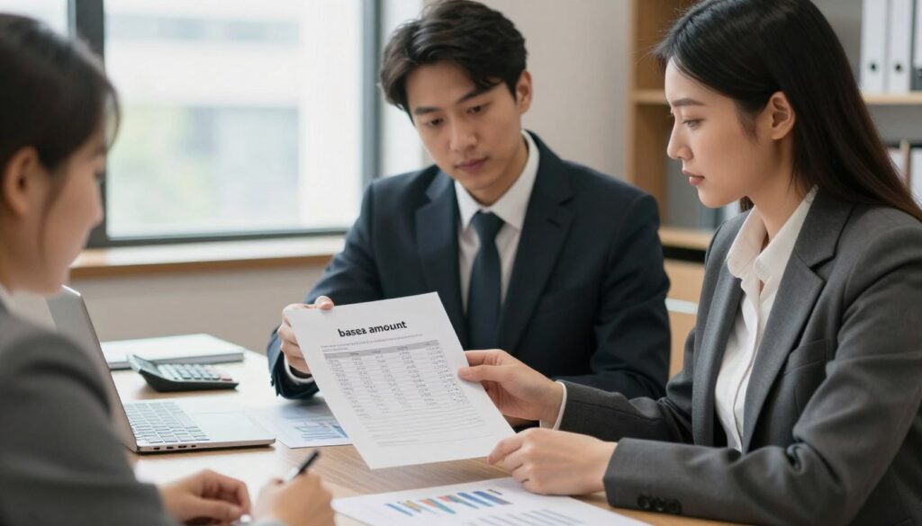 A professional setting focused on the concept of a "base amount" in financial governance. In the foreground, a well-dressed male and female politician, both in smart business attire, are discussing a document detailing financial figures, representing the kwota bazowa. In the middle ground, sheets of paper and a calculator are visible, emphasizing careful budgeting and planning. The background shows a tastefully decorated office with large windows letting in soft, natural light, creating an atmosphere of professionalism and transparency. The overall mood is serious yet collaborative, symbolizing the process of determining financial compensation. The image should have a warm, yet focused lighting to convey a sense of integrity and purpose.