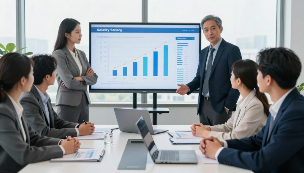 A professional setting illustrating key factors influencing salary, featuring a modern office environment as the background. In the foreground, a diverse group of business professionals, dressed in formal attire, are engaging in a discussion around a large presentation screen displaying visual data on salary trends. In the middle ground, elements like a sleek desk with a laptop, reports, and charts create a focused atmosphere. The lighting is bright and natural, streaming through large windows, enhancing the importance of the meeting. The mood is serious yet optimistic, with a sense of collaboration and ambition present among the individuals. The overall composition is balanced, with an emphasis on teamwork and data analysis, reflecting the complexity of salary determinants. A professional setting illustrating key factors influencing salary, featuring a modern office environment as the background. In the foreground, a diverse group of business professionals, dressed in formal attire, are engaging in a discussion around a large presentation screen displaying visual data on salary trends. In the middle ground, elements like a sleek desk with a laptop, reports, and charts create a focused atmosphere. The lighting is bright and natural, streaming through large windows, enhancing the importance of the meeting. The mood is serious yet optimistic, with a sense of collaboration and ambition present among the individuals. The overall composition is balanced, with an emphasis on teamwork and data analysis, reflecting the complexity of salary determinants.