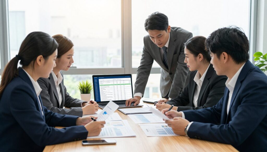 A professional setting illustrating the concept of "due diligence" in business transactions. In the foreground, a diverse group of business professionals, dressed in business attire, are engaged in a discussion around a large wooden table. They are reviewing documents and charts, highlighting careful analysis and teamwork. In the middle ground, a laptop displays a digital dashboard of company data and compliance checks. The background features a modern office with large windows letting in soft, natural light, casting a warm and inviting atmosphere. The scene is captured from a slight angle, giving a dynamic perspective while maintaining clarity on the focus group. The mood is serious yet collaborative, emphasizing the importance of diligence in business dealings.